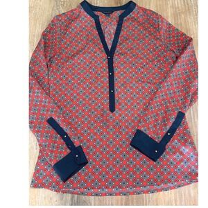 Banana Republic Red Navy Geometric Print Split Neck Tunic Blouse Small